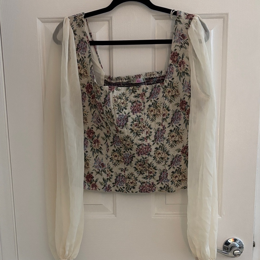 NGI Floral Square-Neck Crop Blouse with Sheer Puff Sleeves - Cream Multi large